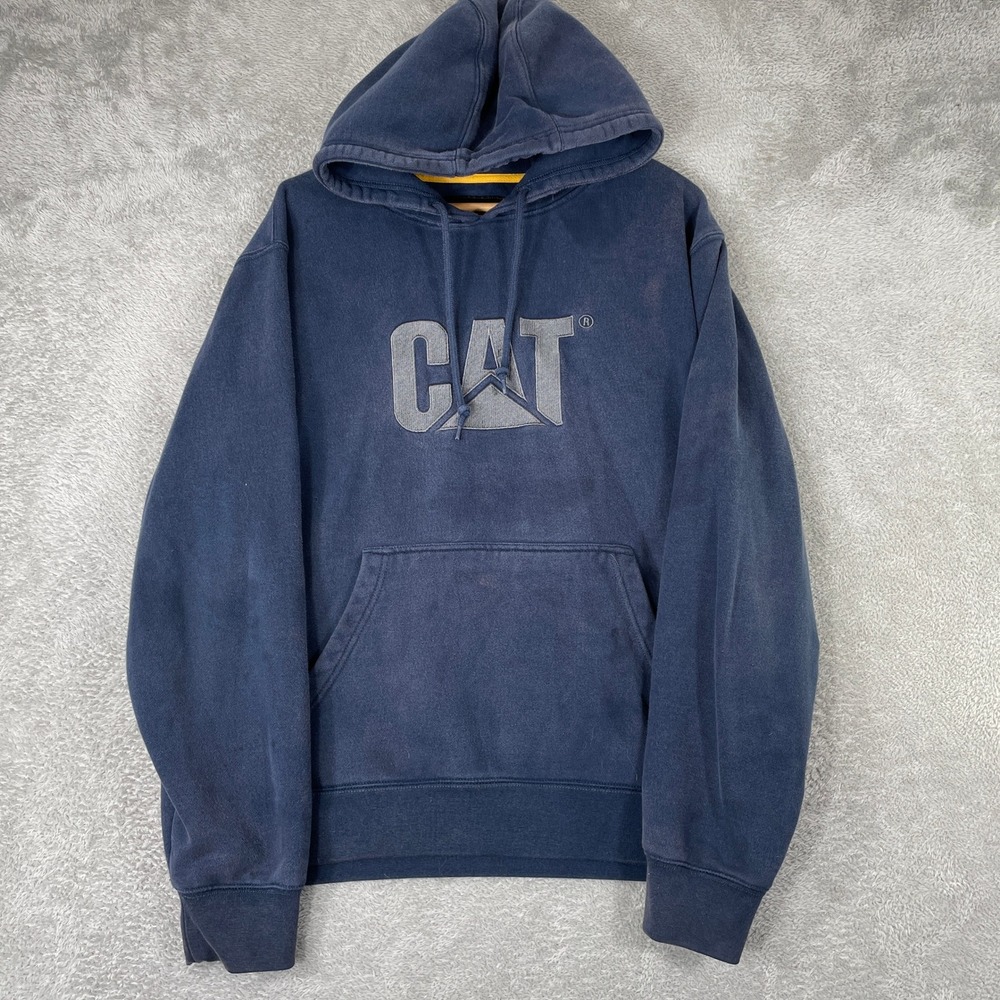 Caterpillar CAT Hoodie Mens Large Navy Blue Embroidered Logo Workwear Pullover